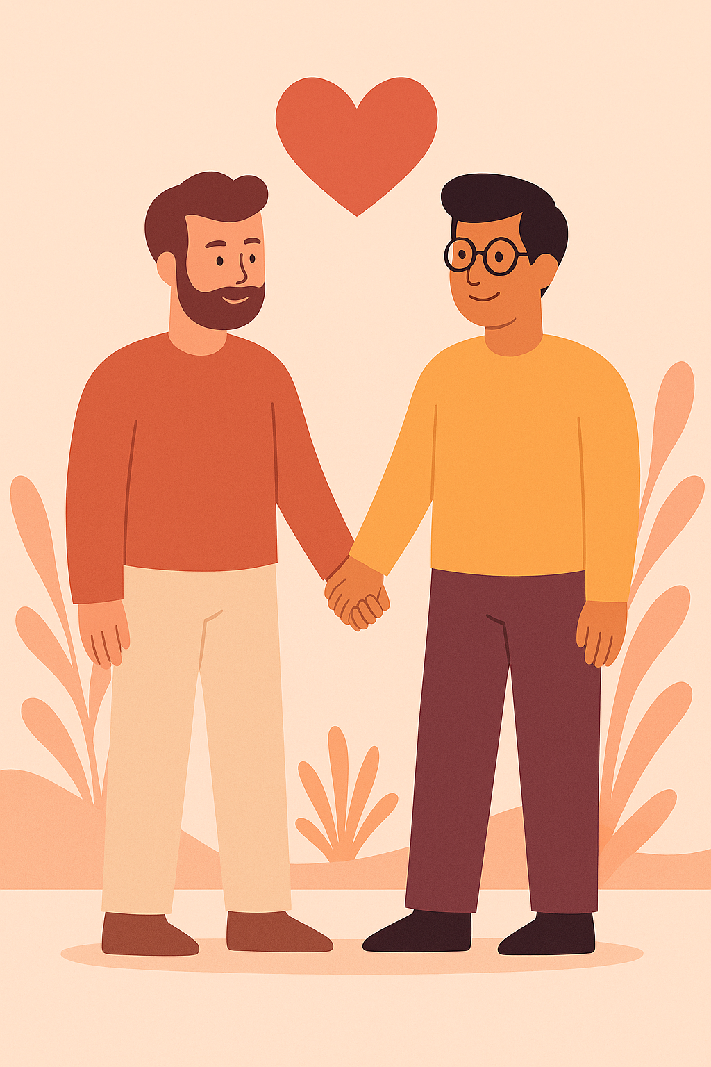 Two men holding hands with a heart above — illustration